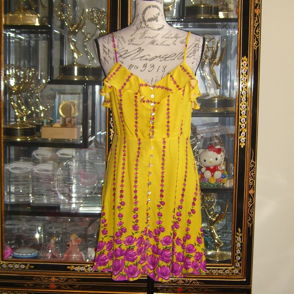 FOREVER 21 YELLOW SUNDRESS WITH PURPLE ROSE PRINT M
